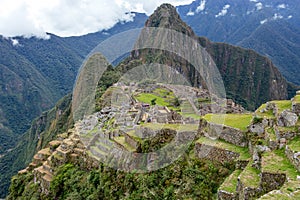 Abandoned ruins of Machu Picchu Incan citadel, the maze of terraces and walls rising out of the thick undergrowth, Peru