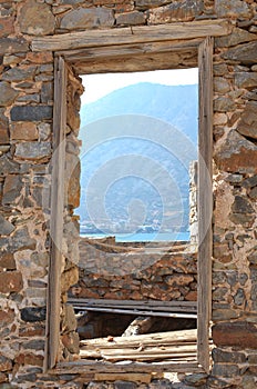 Abandoned ruins medieval fortress, leper colony. Spinalonga island, Crete, Greece