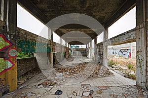 Abandoned, run-down industrial building interior