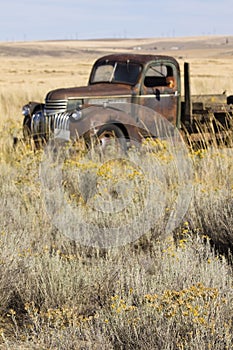 Abandoned rusted 1940s era Chevrolet farm truck in field, Easter