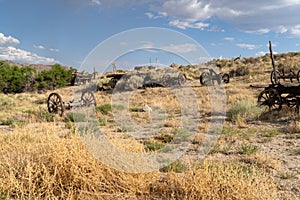 Abandoned rusting and decaying mining equipment in a California desert ghost town from the gold rush. Near Benton Hot Springs Cali