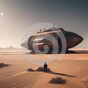 An abandoned, rusting spaceship stranded in a barren desert, with a lone figure standing beside it2