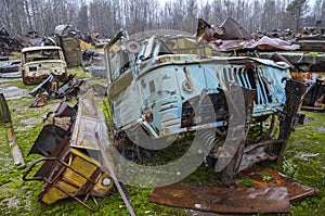 Abandoned rusty and forgotten cabin of an old truck. Junk transport of antique vehicles