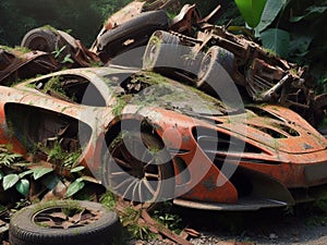 Abandoned rusty petrol super car banned for co2 emission agenda, overgrowth plants bloom flowers