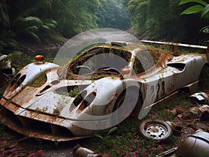 Abandoned rusty petrol super car banned for co2 emission agenda, overgrowth plants bloom flowers