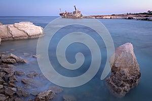 Abandoned rusty ship Edro III near Pegeia, Paphos, Cyprus