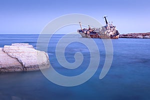 Abandoned rusty ship Edro III near Pegeia, Paphos, Cyprus