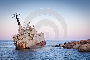 Abandoned rusty ship Edro III near Pegeia, Paphos, Cyprus