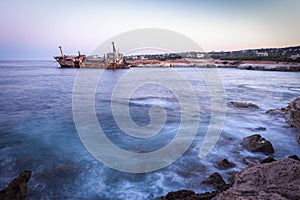 Abandoned rusty ship Edro III near Pegeia, Paphos, Cyprus at sunrise