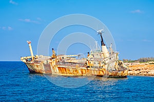 Abandoned rusty ship wreck EDRO III in Pegeia, Paphos, Cyprus.