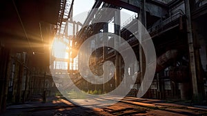 Abandoned rusty steel plant, old warehouse, outdated mashinery, AI generative