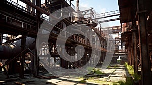 Abandoned rusty steel plant, old warehouse, outdated mashinery, generative AI