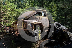 Abandoned rusty Trucks in the backyard of Police Station - Pripyat, Chernobyl Exclusion Zone, Ukraine