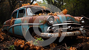 An abandoned rusty vintage car rests in a rural forest generated by AI