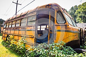 Abandoned rusty yellow school bus