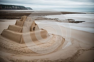 An abandoned sandcastle being gently eroded by the incoming tide