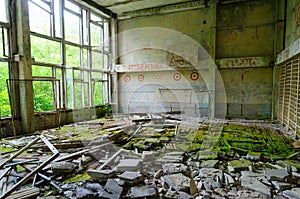 Abandoned school gym in resettled village of Pogonnoe in Chernobyl exclusion zone, Belarus