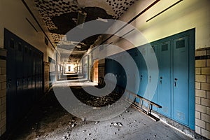 Abandoned School Hallway with Blue Lockers