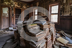 an abandoned schoolhouse with faded chalkboards and rotted books