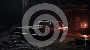 Abandoned Sedan In Burned Warehouse: Dark Cinematic Close-up Scene