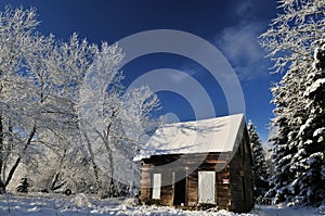 Abandoned shack in farmland with winter snow