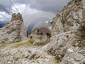 Abandoned shelter in tofane dolomites mountains panorama