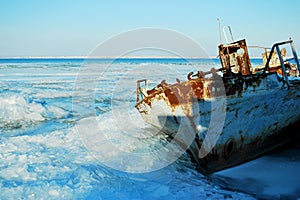 Abandoned ship in the ice