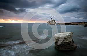 Abandoned ship in the ocean