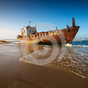 abandoned ship, rusted and shored, AI generated