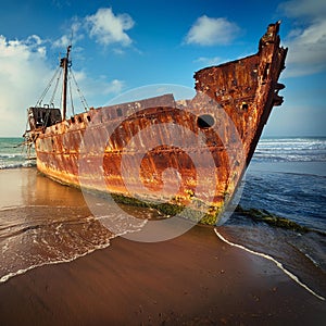 abandoned ship, rusted and shored, AI generated