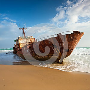 abandoned ship, rusted and shored, AI generated