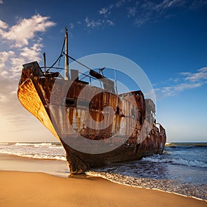 abandoned ship, rusted and shored, AI generated
