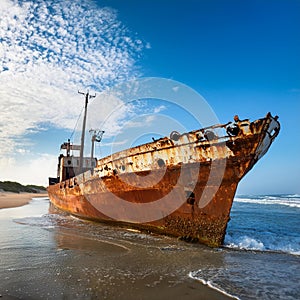 abandoned ship, rusted and shored, AI generated