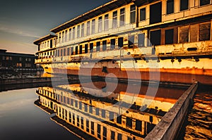 An abandoned ship is on the water. The reflection on the water. Sunset.