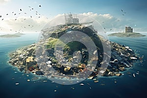 Abandoned ship wreck in the sea. 3D illustration, Environmental disaster concept, Plastic Island or Great Pacific Garbage Patch or