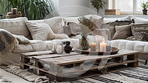 An abandoned shipping pallet has been turned into a stylish and practical coffee table perfect for a cozy living room photo