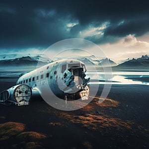 Abandoned shipwreck on the beach. Dramatic