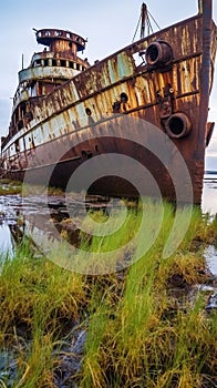 Abandoned Shipwreck: A Decaying and Rusting Metal Structure Partially Submerged in Water. Generative AI