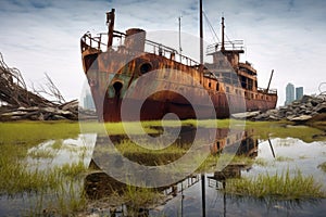 abandoned shipwreck near a disused dockyard