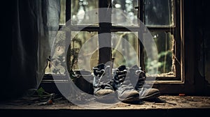 Abandoned Shoes On Window Sill: Atmospheric Woodland Imagery