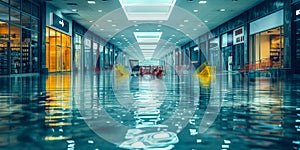 Abandoned shopping carts in a flooded, illuminated mall corridor. Flood consequences. Concept climat change photo