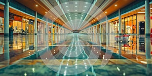 Abandoned shopping carts in a flooded, illuminated mall corridor. Flood consequences. Concept climat change photo