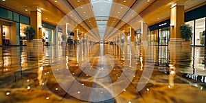 Abandoned shopping carts in a flooded, illuminated mall corridor. Flood consequences. Concept climat change photo