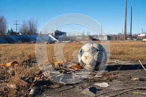 an abandoned soccer ball on a field, with goals in the distance