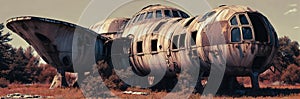 An abandoned spaceship on an alien planet, rusted metal, broken windows, overgrown vegetation reclaim the vessel