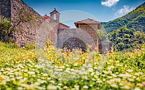 Abandoned St. Mary Monastery among fresh green flowers. Impressive morning scene of Albania, Europe.