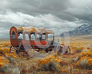 Abandoned Stagecoach on a Deserted Western Plain The coach blurs with the sagebrush