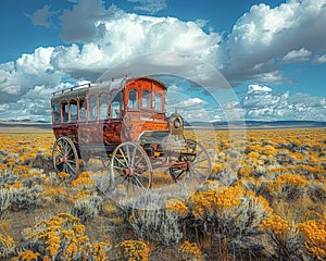 Abandoned Stagecoach on a Deserted Western Plain The coach blurs with the sagebrush