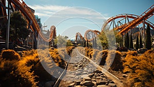 Abandoned steel bridge, a famous man made sunset over nature generated by AI