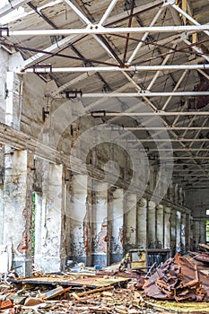 An abandoned steel frame structure automobile production workshop